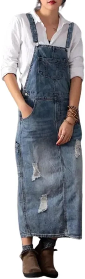 Womens Ripped Jean Overall Dress Summer Adjustable Straps Bib Split Distressed Denim Long Dress with Pockets