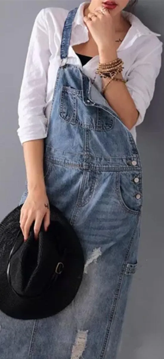Womens Ripped Jean Overall Dress Summer Adjustable Straps Bib Split Distressed Denim Long Dress with Pockets