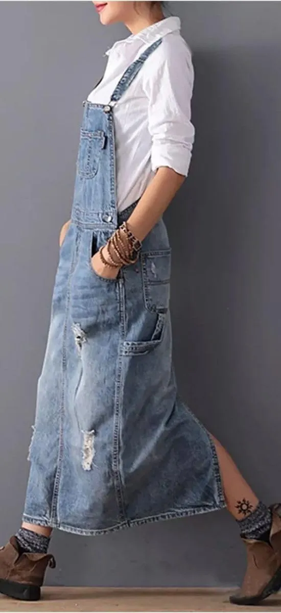 Womens Ripped Jean Overall Dress Summer Adjustable Straps Bib Split Distressed Denim Long Dress with Pockets