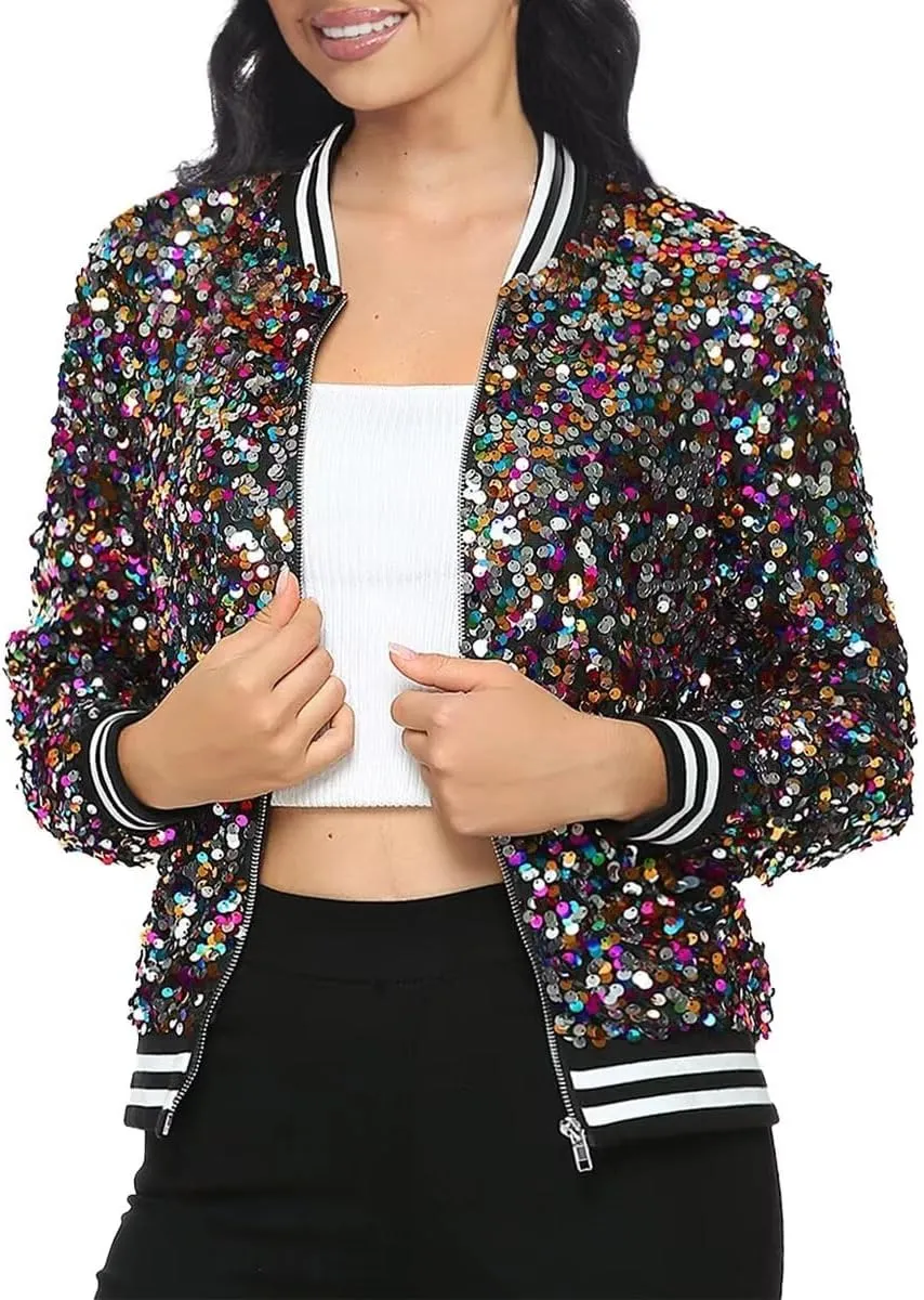 Womens Sequin Jacket Party Festival Outfit Long Sleeve Zipper Up Stylish Glitter Blazer Bomber Jacket