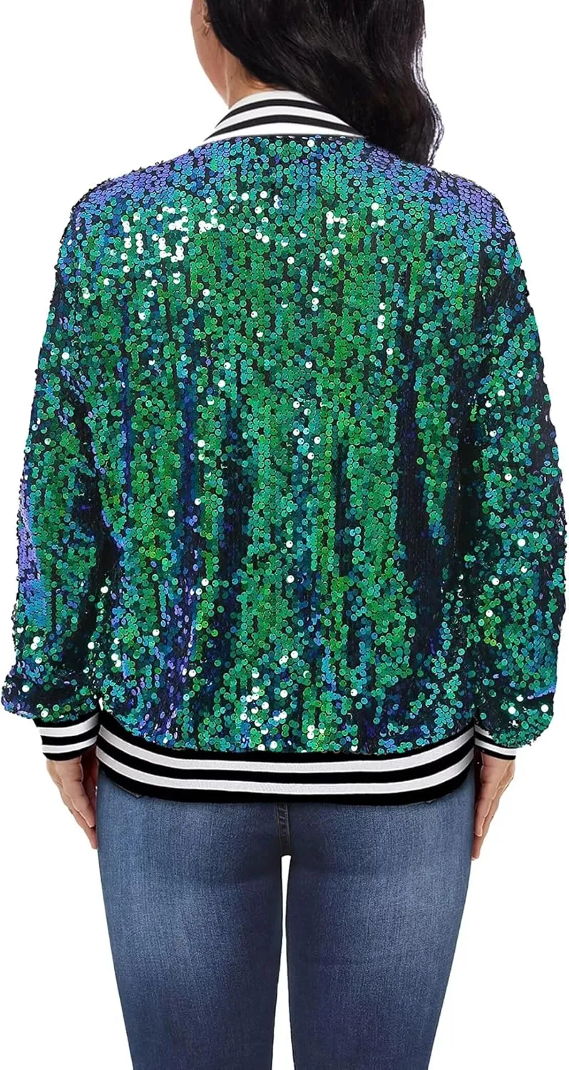 Womens Sequin Jacket Party Festival Outfit Long Sleeve Zipper Up Stylish Glitter Blazer Bomber Jacket