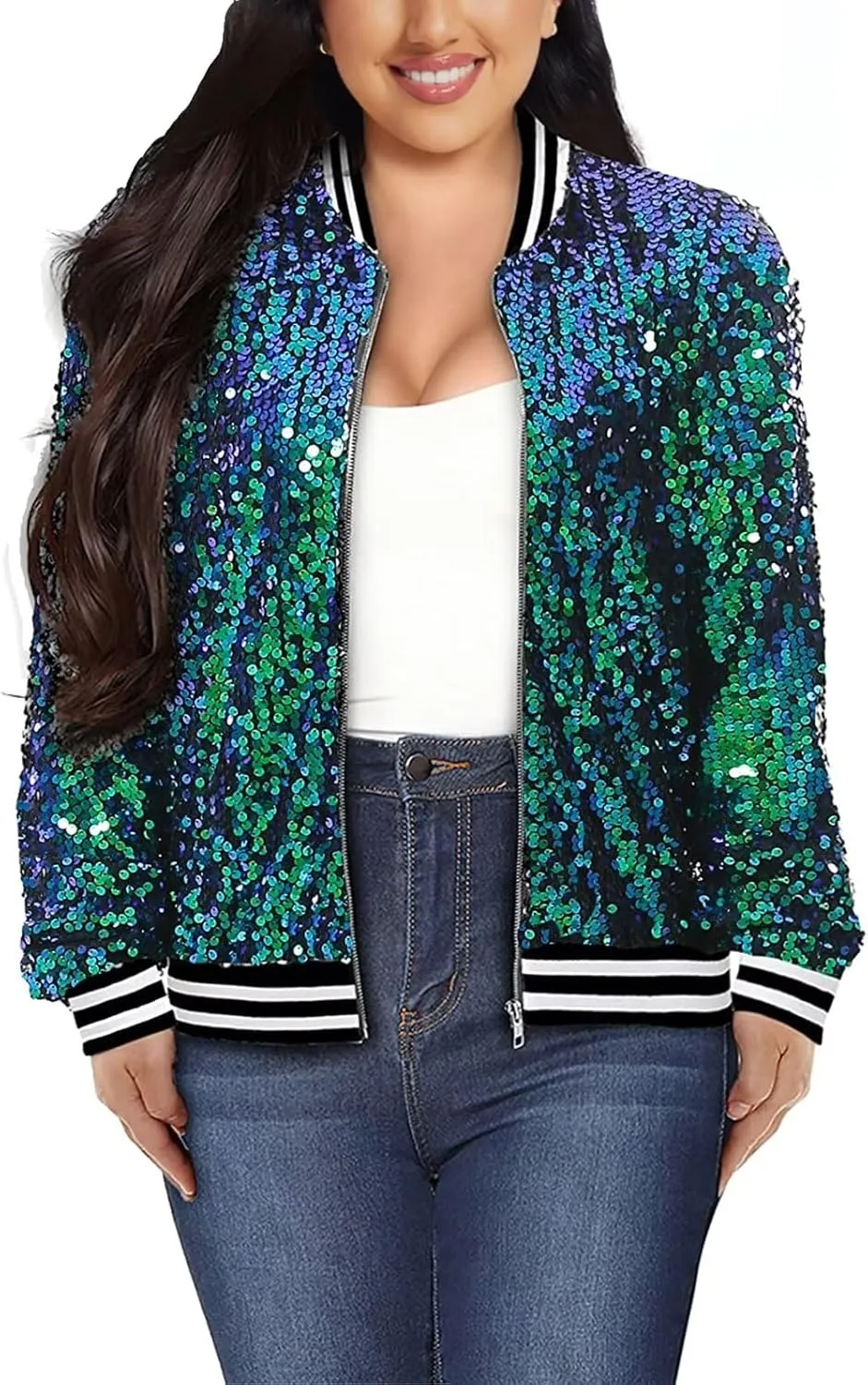 Womens Sequin Jacket Party Festival Outfit Long Sleeve Zipper Up Stylish Glitter Blazer Bomber Jacket