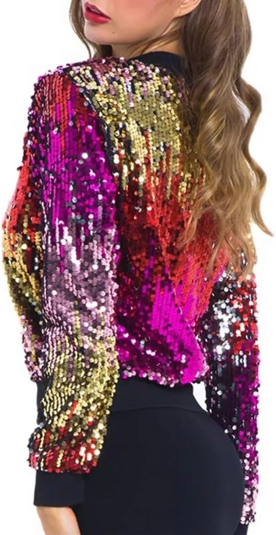 Womens Sequin Jacket Party Festival Outfit Long Sleeve Zipper Up Stylish Glitter Blazer Bomber Jacket