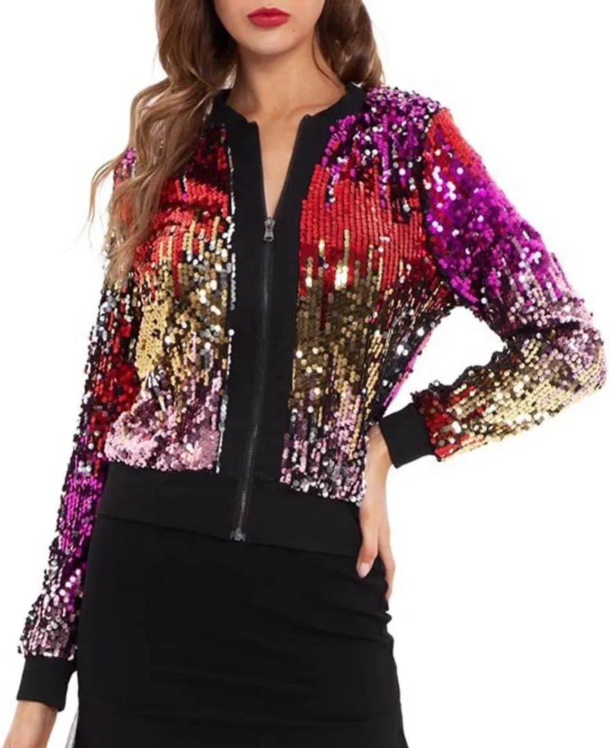 Womens Sequin Jacket Party Festival Outfit Long Sleeve Zipper Up Stylish Glitter Blazer Bomber Jacket
