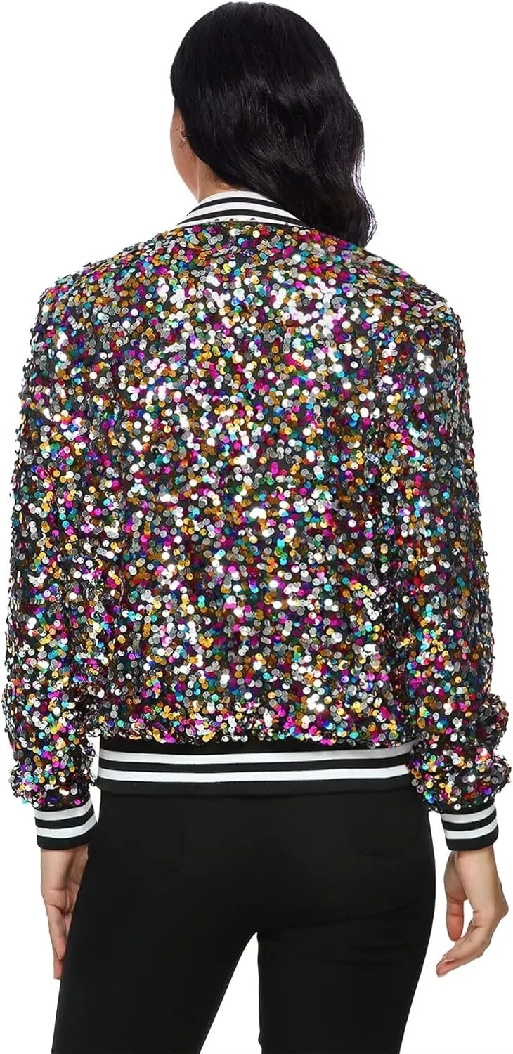 Womens Sequin Jacket Party Festival Outfit Long Sleeve Zipper Up Stylish Glitter Blazer Bomber Jacket