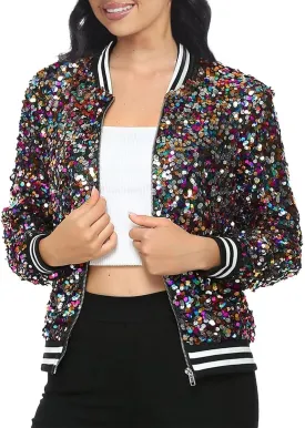 Womens Sequin Jacket Party Festival Outfit Long Sleeve Zipper Up Stylish Glitter Blazer Bomber Jacket