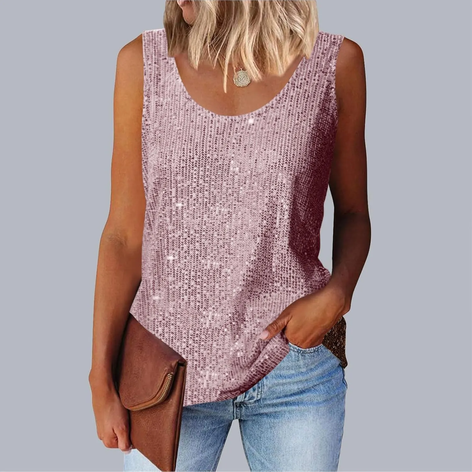 Womens Sequin Sparkle Tank Tops Casual Fashion Strappy Shimmer Camisole Sleeveless Party Glitter Tanks Tops