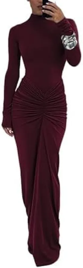 Womens Sexy Maxi Dress Long Sleeve Ruched Bodycon Turtleneck Club Party Casual Wedding Dresses