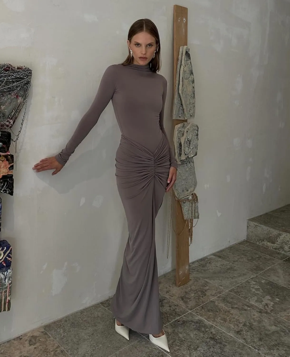 Womens Sexy Maxi Dress Long Sleeve Ruched Bodycon Turtleneck Club Party Casual Wedding Dresses