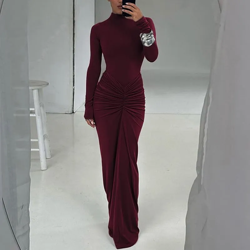 Womens Sexy Maxi Dress Long Sleeve Ruched Bodycon Turtleneck Club Party Casual Wedding Dresses