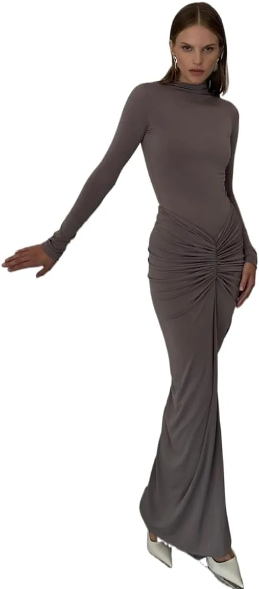 Womens Sexy Maxi Dress Long Sleeve Ruched Bodycon Turtleneck Club Party Casual Wedding Dresses