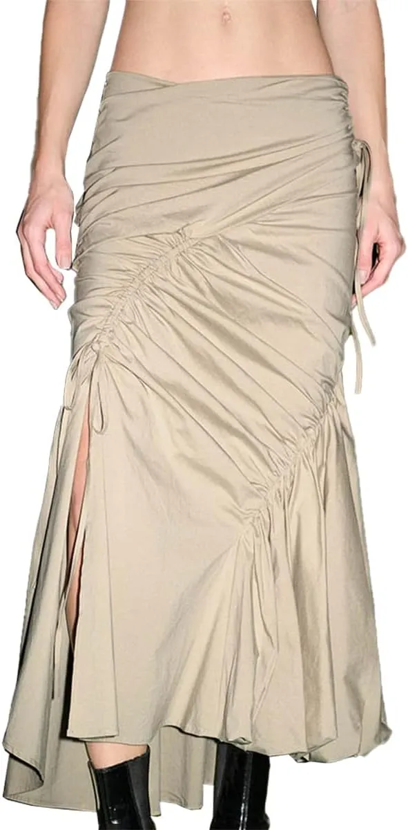 Women's Skirts Summer Drawstring Ruched Midi Skirt with Slit Asymmetrical Trendy 2025