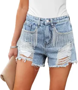 Womens Summer Rhinestone Tassel Jean Denim Shorts Ripped Tassel High Waist Jean Shorts