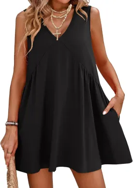 Women's Summer V Neck Sleeveless Mini Dress Casual Loose Pleated Swing Flowy Sundress with Pockets