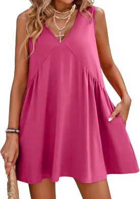 Women's Summer V Neck Sleeveless Mini Dress Casual Loose Pleated Swing Flowy Sundress with Pockets