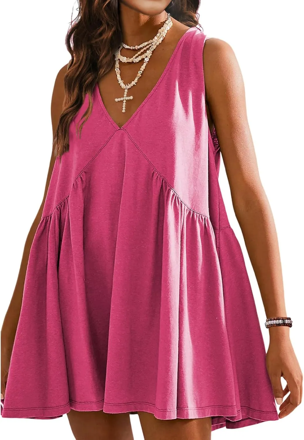 Women's Summer V Neck Sleeveless Mini Dress Casual Loose Pleated Swing Flowy Sundress with Pockets