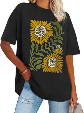 Women's Vintage Floral Crewneck T Shirt Summer Oversized Boho Wildflower Graphic Loose Tees Short Sleeve Casual Tops