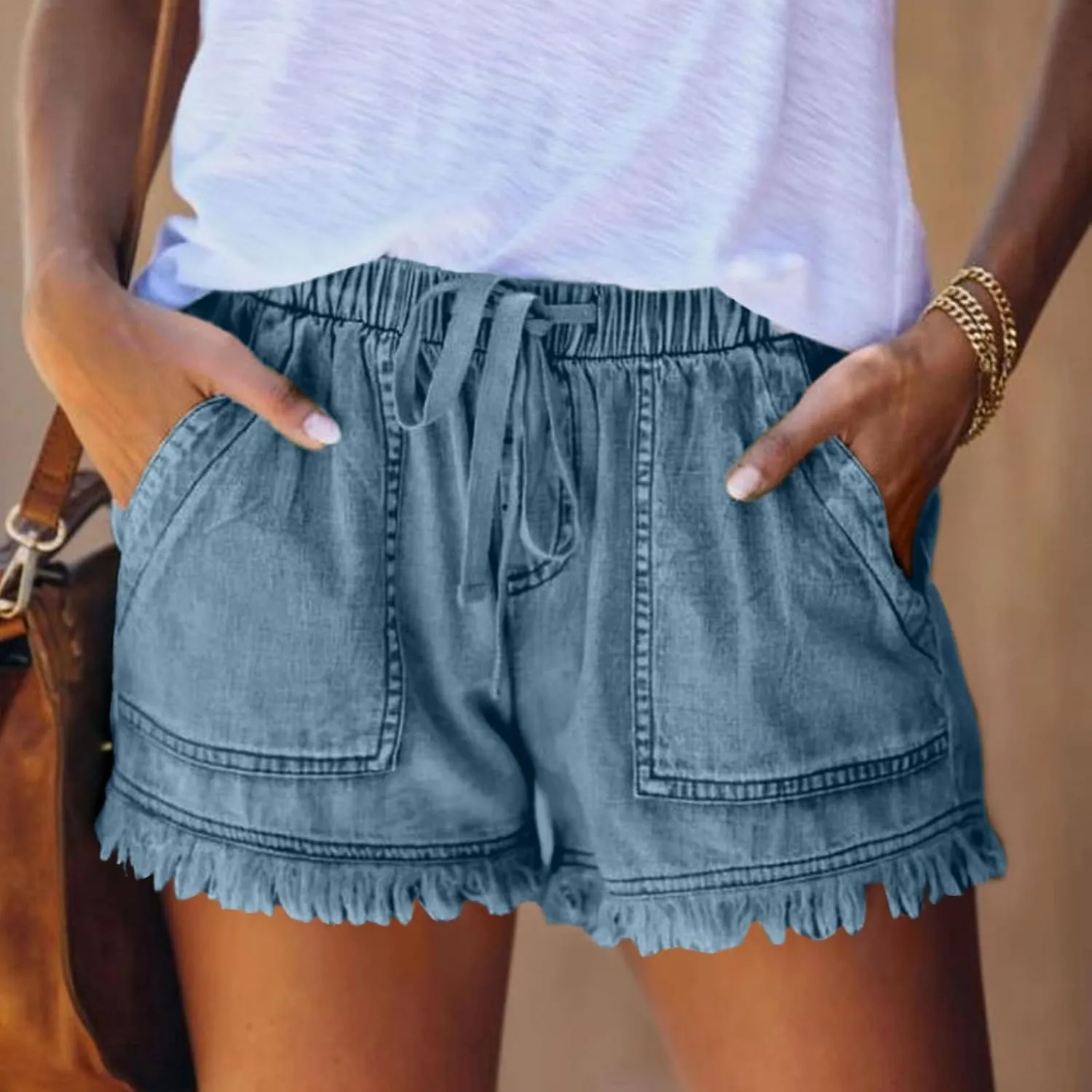 Womens Y2K Lightweight Shorts Casual Baggy Trendy Short Pants Drawstring Elastic Waist Ripped Frayed Hem Comfy Shorts