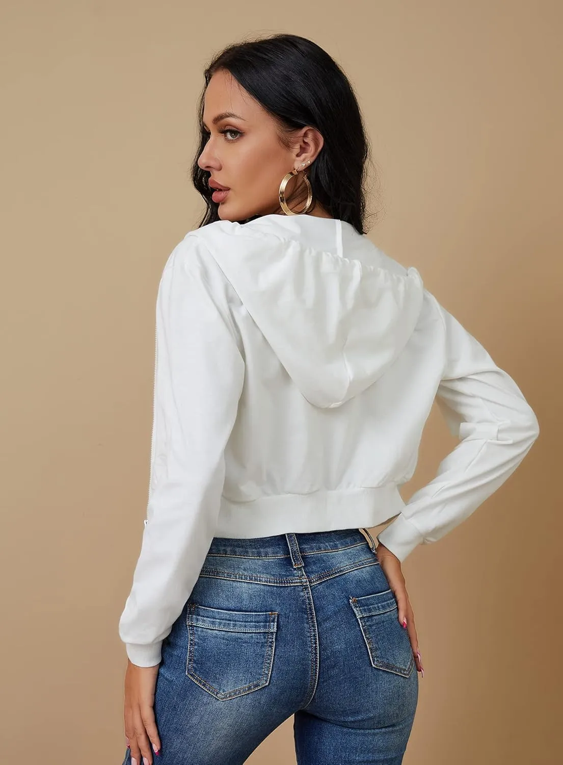 Women's Zip Up Hoodies Cropped Cardigan Jacket Drawstring Hooded Sweatshirts Casual Long Sleeve Top