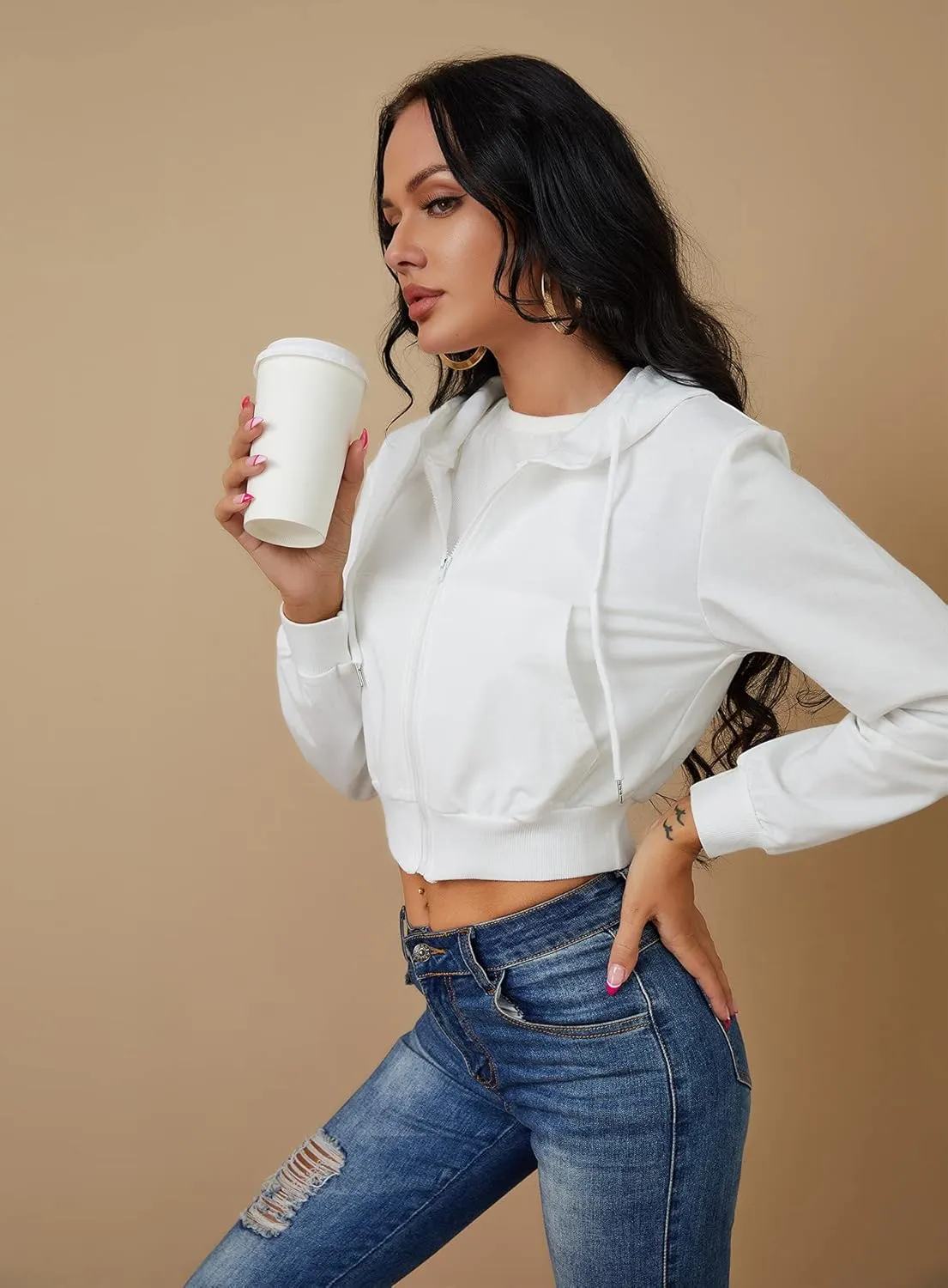 Women's Zip Up Hoodies Cropped Cardigan Jacket Drawstring Hooded Sweatshirts Casual Long Sleeve Top