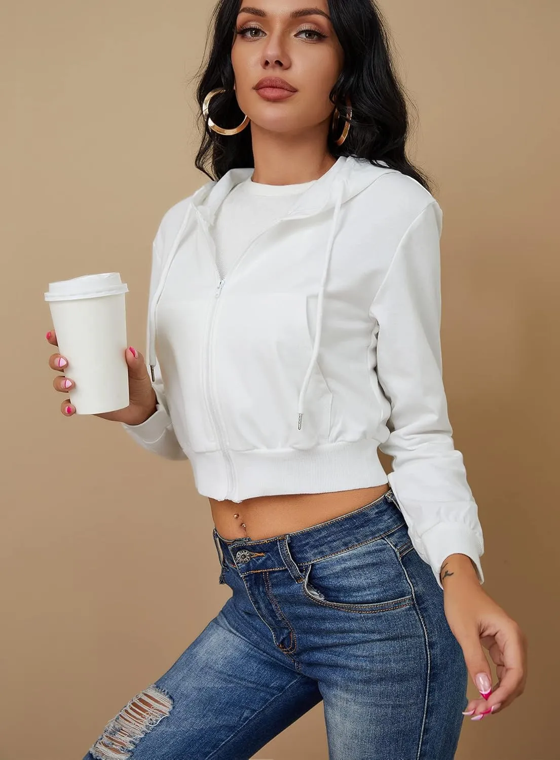 Women's Zip Up Hoodies Cropped Cardigan Jacket Drawstring Hooded Sweatshirts Casual Long Sleeve Top