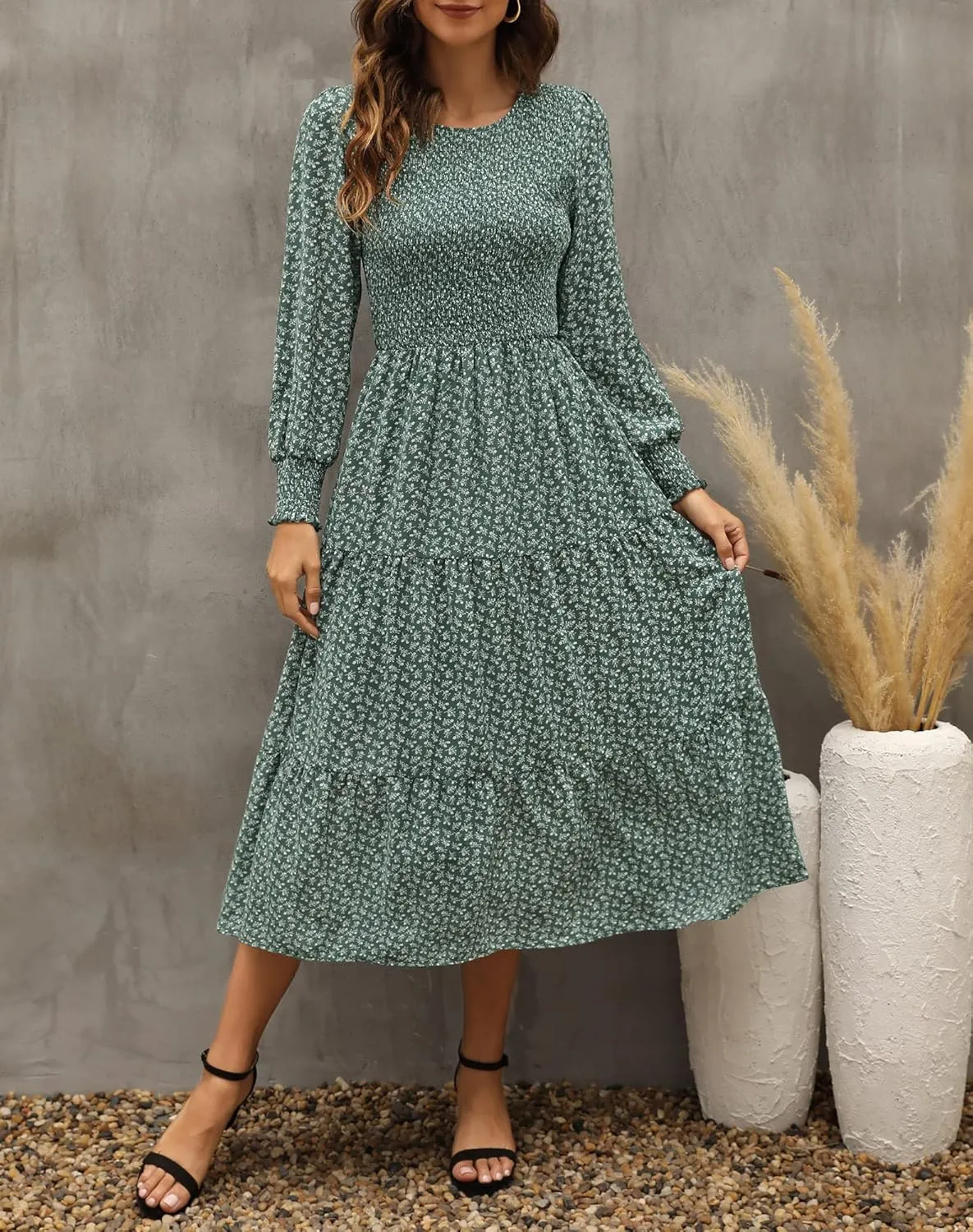 Zattcas Womens Fall Dresses 2025 Casual Long Sleeve Smocked Boho Floral Tiered Midi Wedding Guest Dress with Pockets