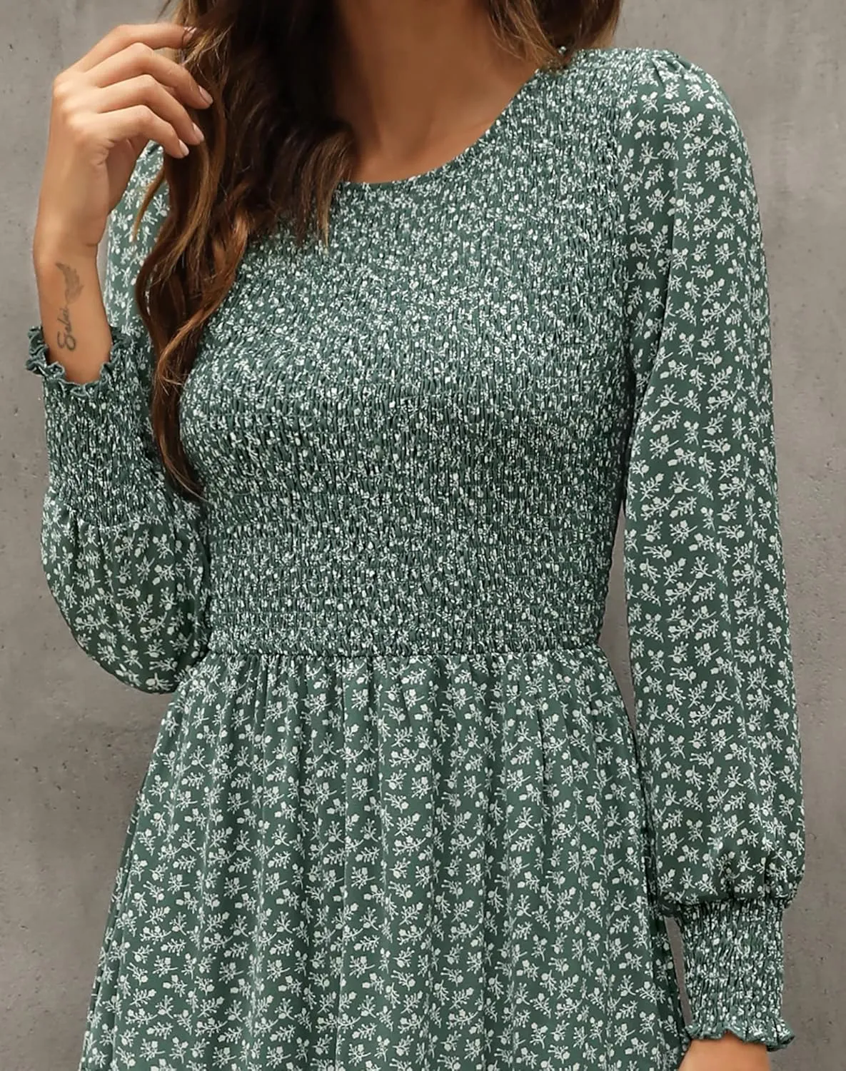 Zattcas Womens Fall Dresses 2025 Casual Long Sleeve Smocked Boho Floral Tiered Midi Wedding Guest Dress with Pockets