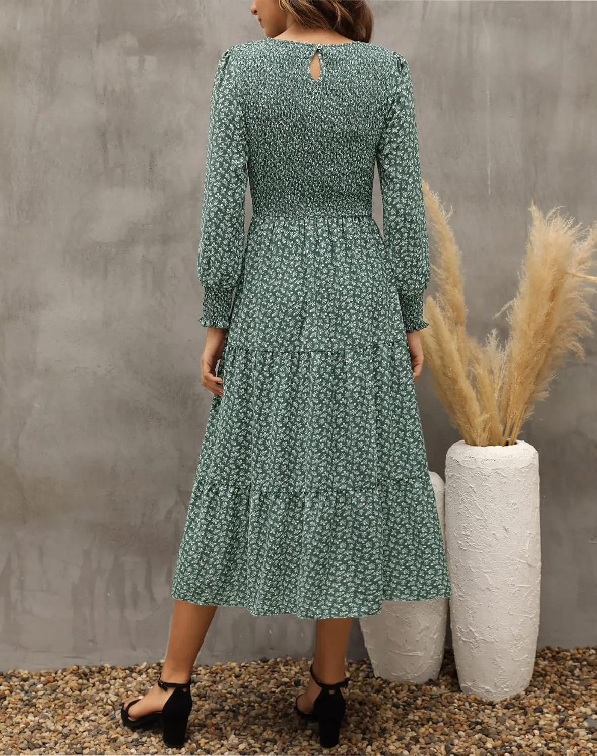 Zattcas Womens Fall Dresses 2025 Casual Long Sleeve Smocked Boho Floral Tiered Midi Wedding Guest Dress with Pockets
