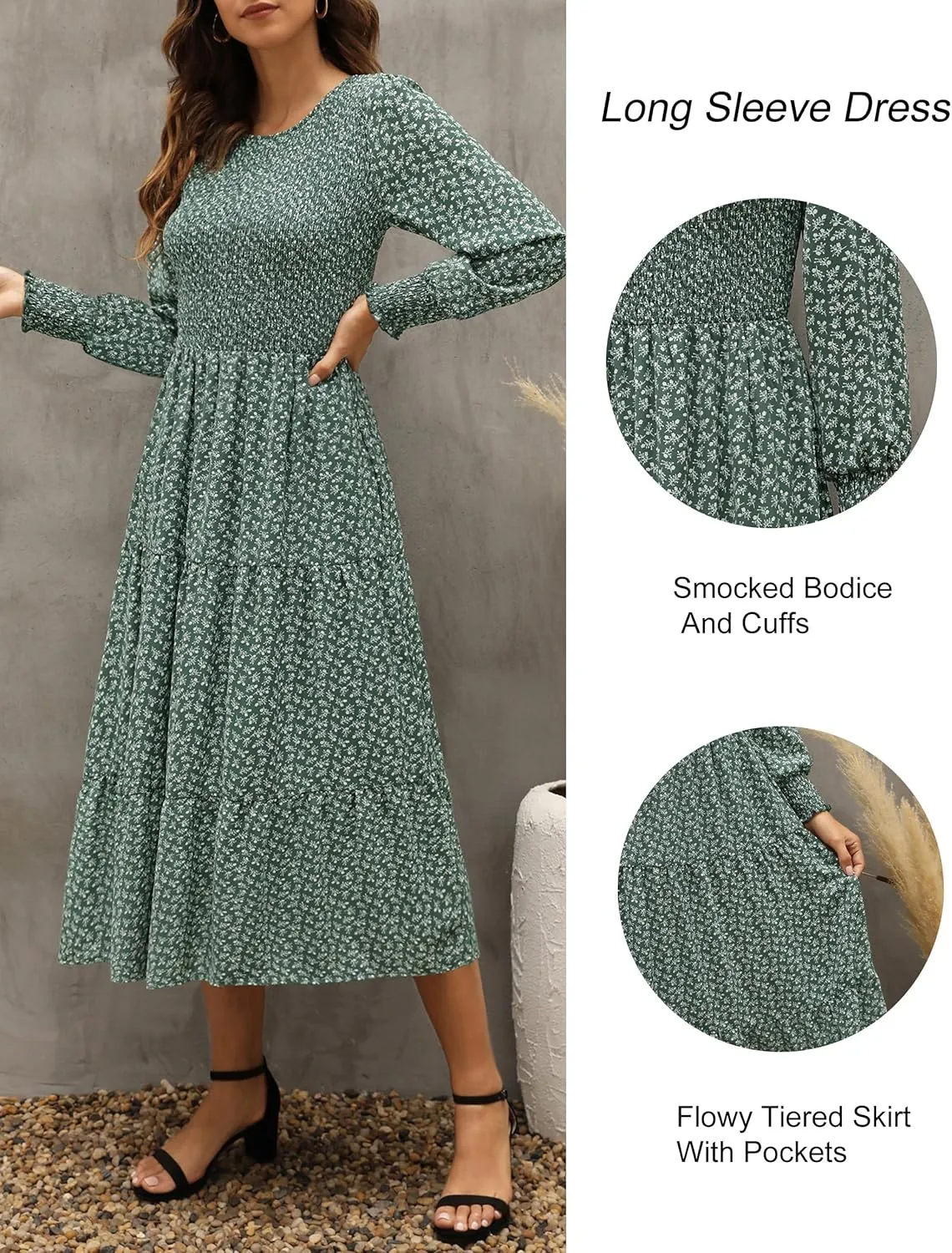 Zattcas Womens Fall Dresses 2025 Casual Long Sleeve Smocked Boho Floral Tiered Midi Wedding Guest Dress with Pockets