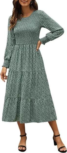 Zattcas Womens Fall Dresses 2025 Casual Long Sleeve Smocked Boho Floral Tiered Midi Wedding Guest Dress with Pockets