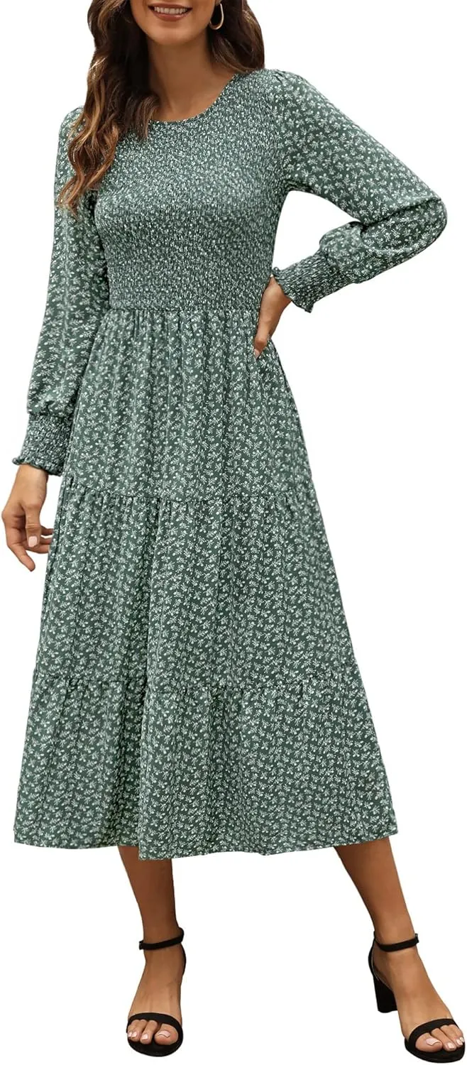 Zattcas Womens Fall Dresses 2025 Casual Long Sleeve Smocked Boho Floral Tiered Midi Wedding Guest Dress with Pockets
