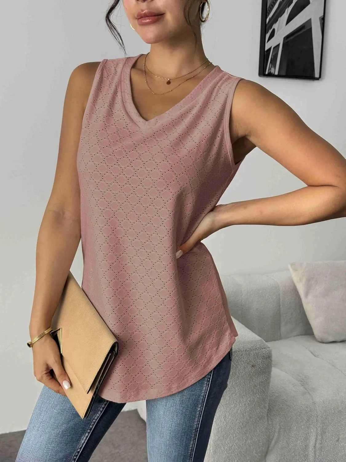 Zeagoo Women Eyelet Tank Tops Sleeveless Shirts V Neck Cute Summer Top Loose Fit Camisole S-XXL