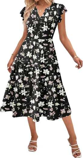 Zeagoo Womens Summer Casual Dresses Ruffle Sleeve V Neck Midi Dress Flowy Tiered Dress with Pockets Boho Sundresses