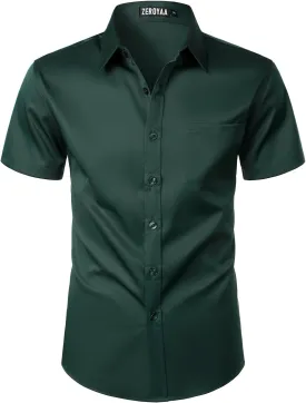 ZEROYAA Men's Casual Urban Stylish Slim Fit Short Sleeve Button Up Dress Shirt with Pocket
