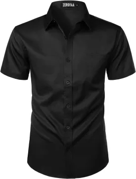 ZEROYAA Men's Casual Urban Stylish Slim Fit Short Sleeve Button Up Dress Shirt with Pocket