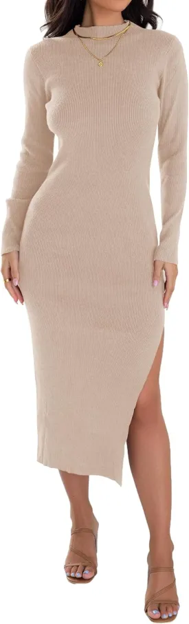 ZESICA Women's 2025 Ribbed Knit Dress Long Sleeve Mock Neck Slim Fit Side Slit Spring Elegant Sweater Dresses