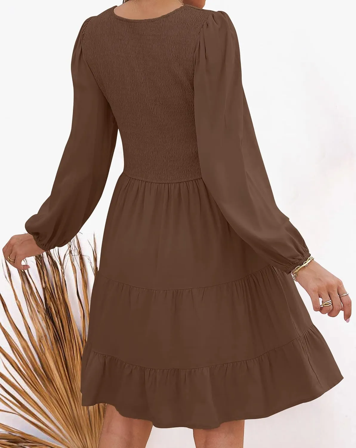 ZESICA Women's Casual V Neck Long Sleeve Smocked High Waist Ruffle A Line Tiered Mini Dress