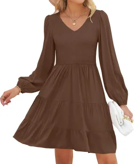 ZESICA Women's Casual V Neck Long Sleeve Smocked High Waist Ruffle A Line Tiered Mini Dress