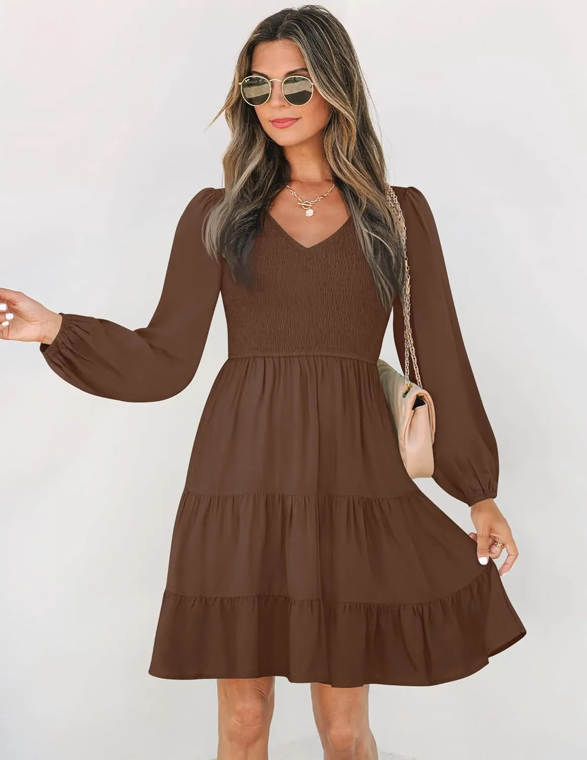 ZESICA Women's Casual V Neck Long Sleeve Smocked High Waist Ruffle A Line Tiered Mini Dress