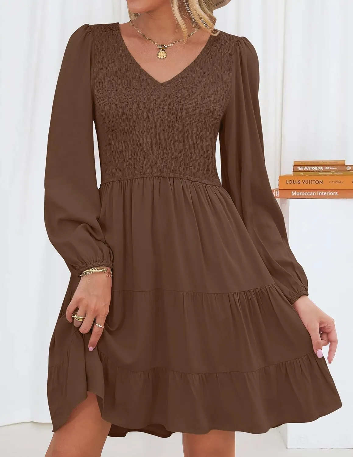 ZESICA Women's Casual V Neck Long Sleeve Smocked High Waist Ruffle A Line Tiered Mini Dress