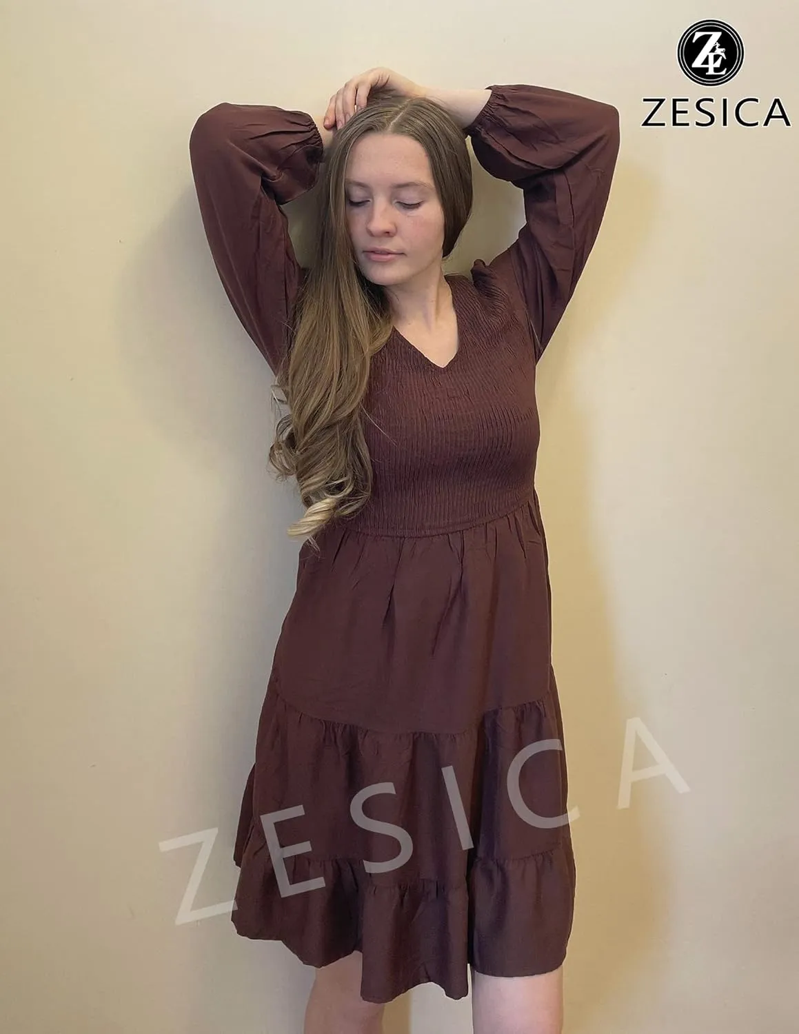 ZESICA Women's Casual V Neck Long Sleeve Smocked High Waist Ruffle A Line Tiered Mini Dress