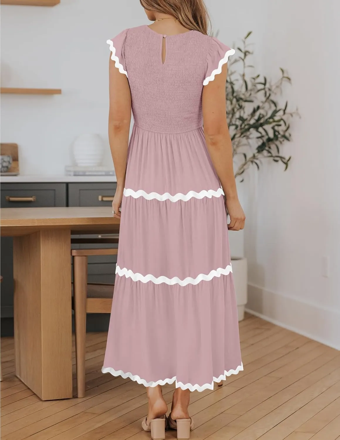 ZESICA Women's Summer Flutter Short Sleeve Smocked Midi Dress Casual High Waist Rickrack Tiered Flowy Dresses