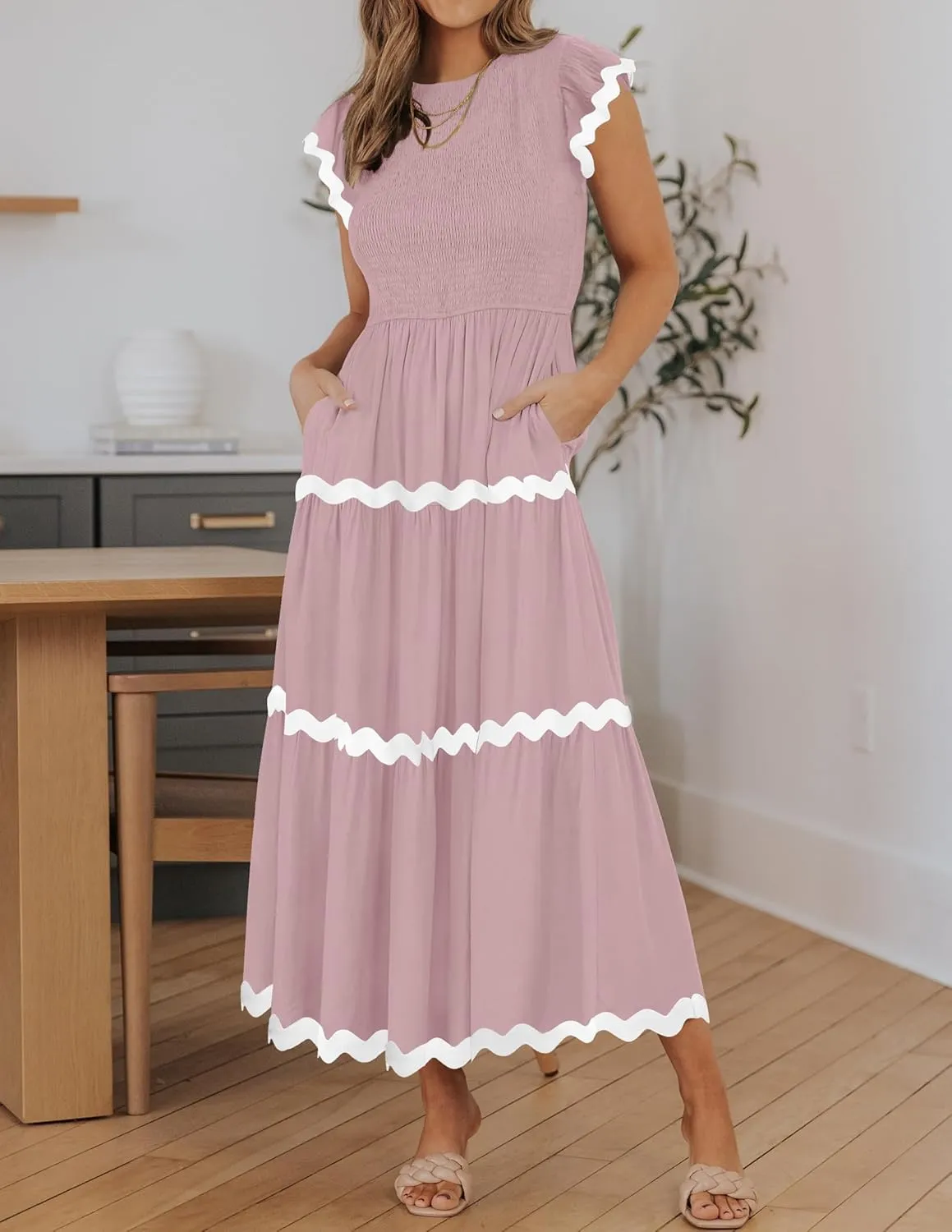 ZESICA Women's Summer Flutter Short Sleeve Smocked Midi Dress Casual High Waist Rickrack Tiered Flowy Dresses