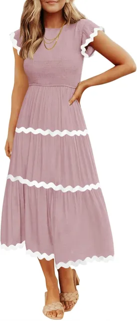ZESICA Women's Summer Flutter Short Sleeve Smocked Midi Dress Casual High Waist Rickrack Tiered Flowy Dresses