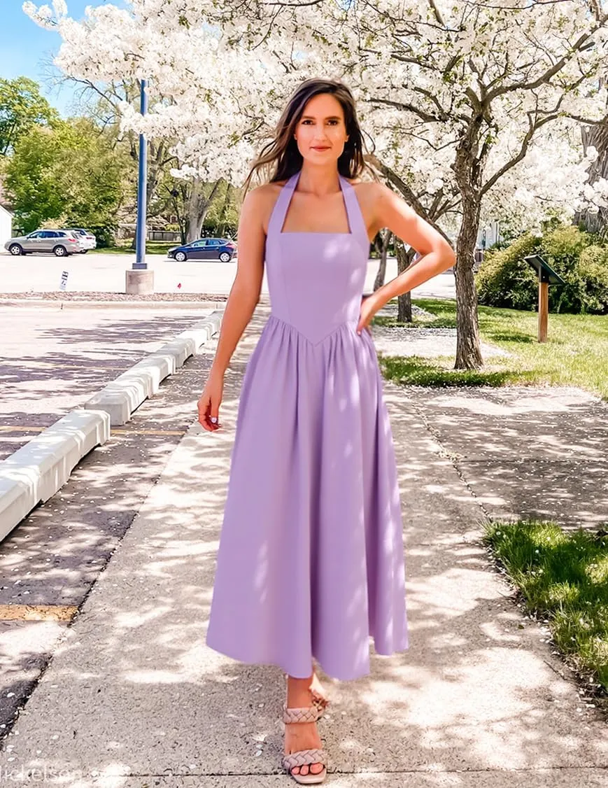 ZESICA Women's Summer Sleeveless Halter Midi Dress 2025 Off Shoulder High Waist Swing Flowy Beach Long Dresses