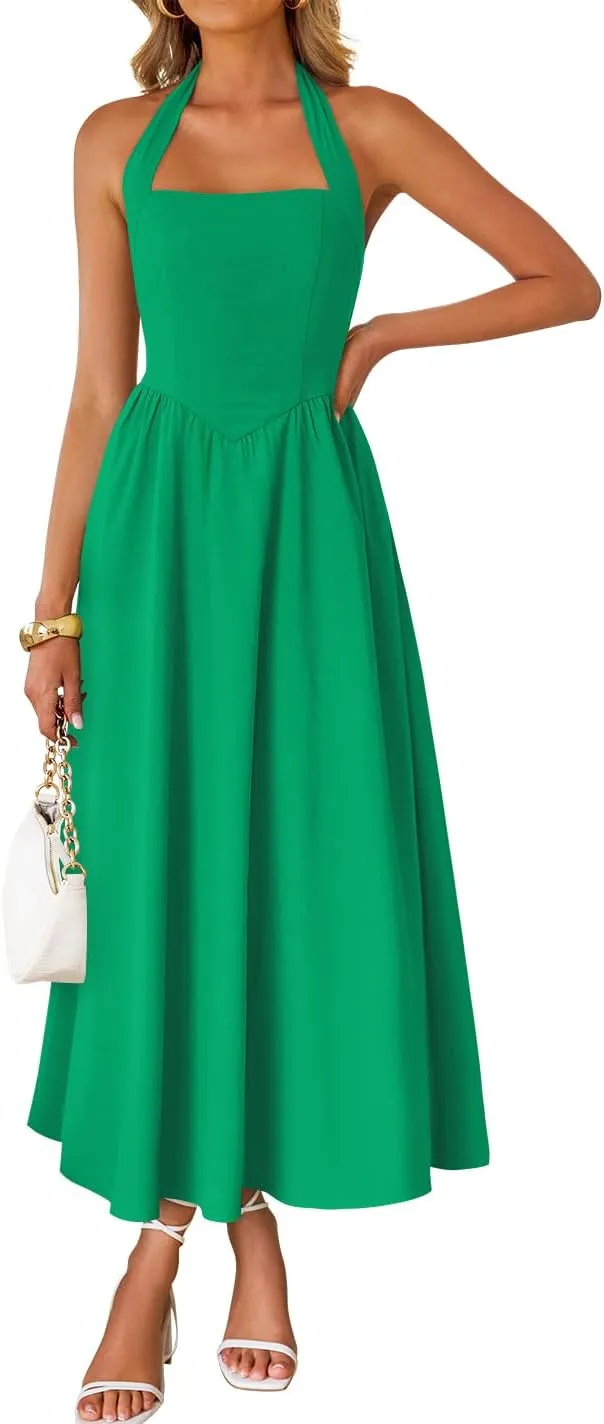 ZESICA Women's Summer Sleeveless Halter Midi Dress 2025 Off Shoulder High Waist Swing Flowy Beach Long Dresses
