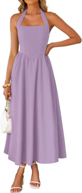 ZESICA Women's Summer Sleeveless Halter Midi Dress 2025 Off Shoulder High Waist Swing Flowy Beach Long Dresses