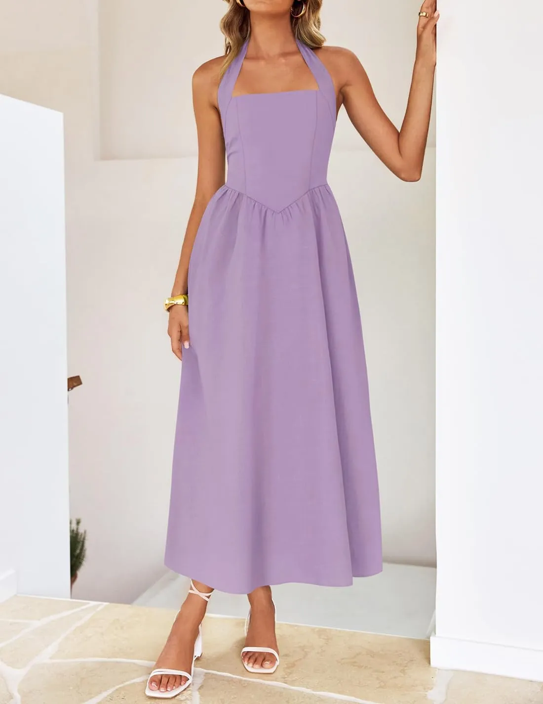 ZESICA Women's Summer Sleeveless Halter Midi Dress 2025 Off Shoulder High Waist Swing Flowy Beach Long Dresses