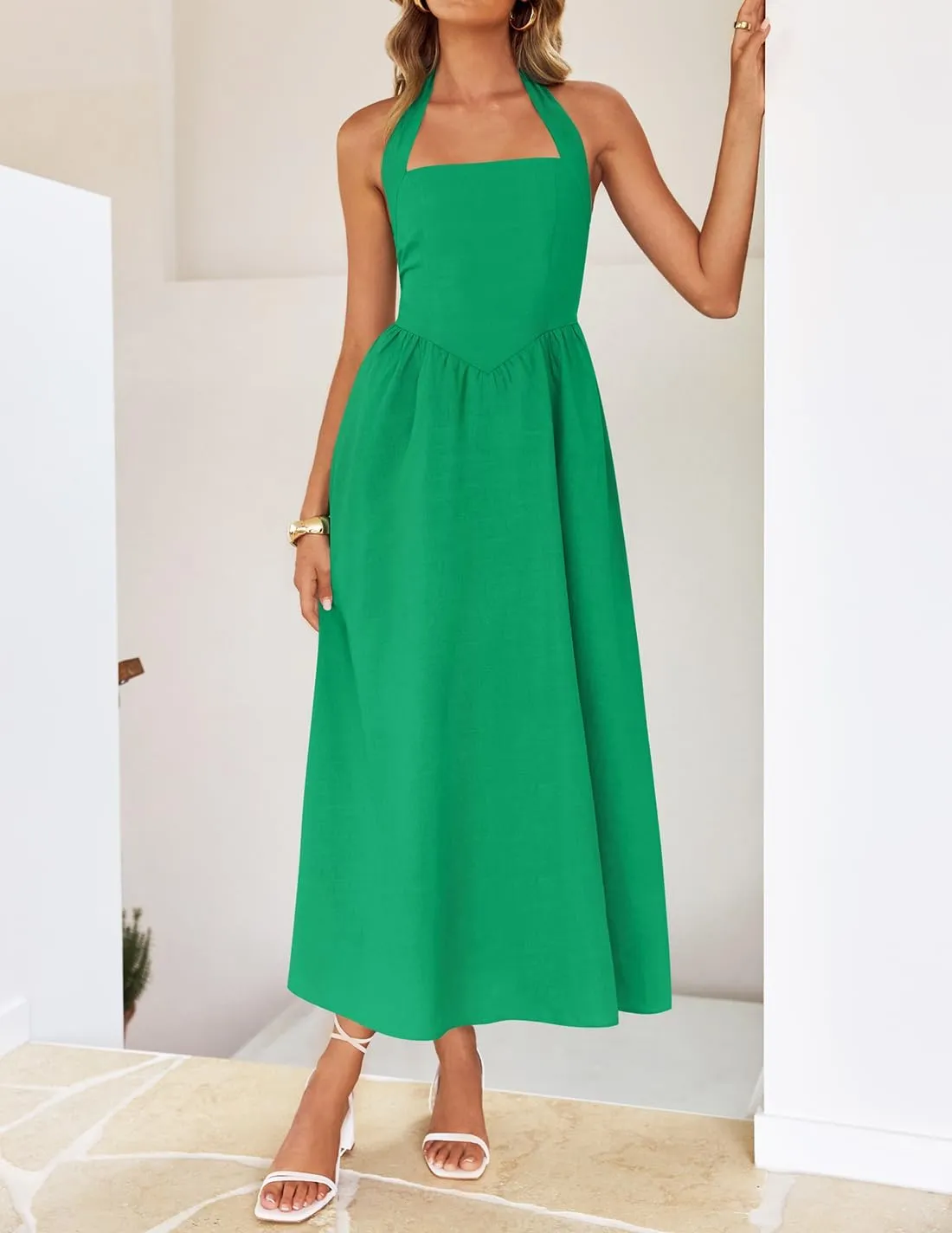 ZESICA Women's Summer Sleeveless Halter Midi Dress 2025 Off Shoulder High Waist Swing Flowy Beach Long Dresses