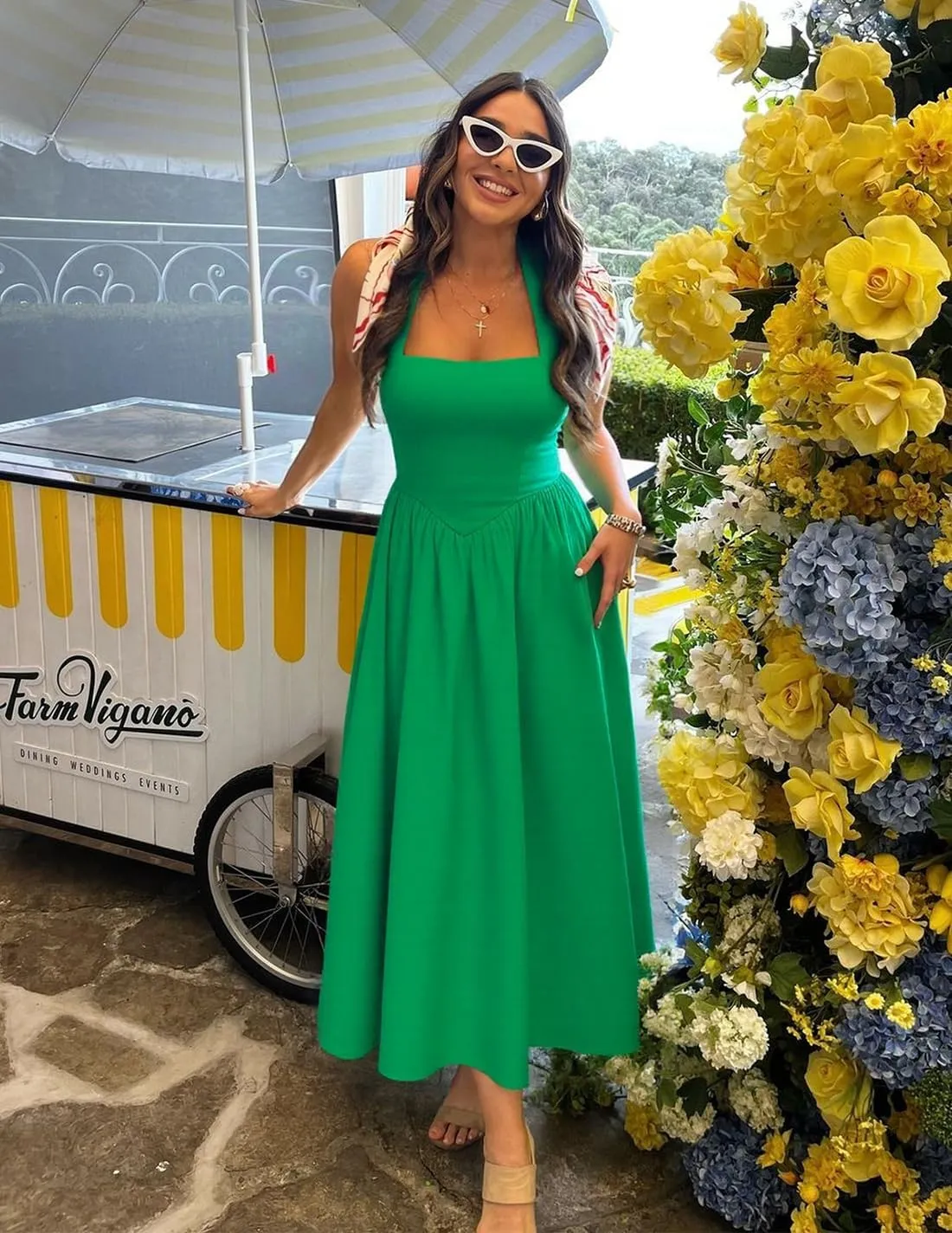 ZESICA Women's Summer Sleeveless Halter Midi Dress 2025 Off Shoulder High Waist Swing Flowy Beach Long Dresses